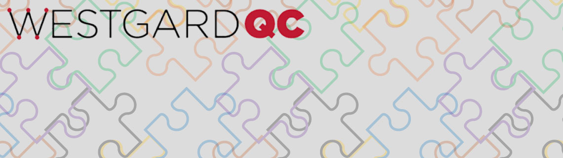 An array of puzzle pieces with the Westgard QC logo in the top-left corner with blue overlay
