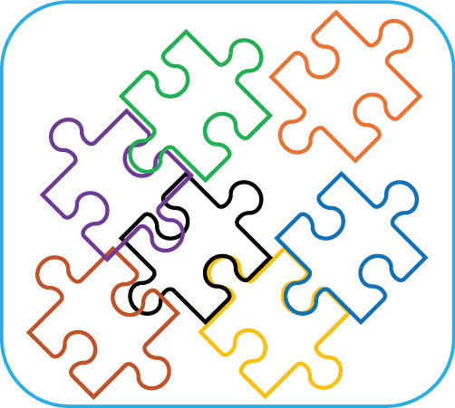 A graphic of puzzle pieces, with the middle one out of place