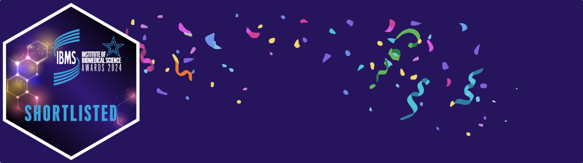 IBMS Awards 2024 shortlist logo with confetti in the background on a violet base