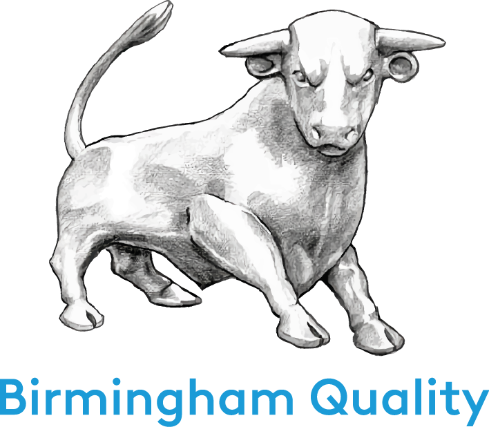 Birmingham Quality Logo; vectorised artist's impression of Birmingham Bull with 'Birmingham Quality' written below it in cyan